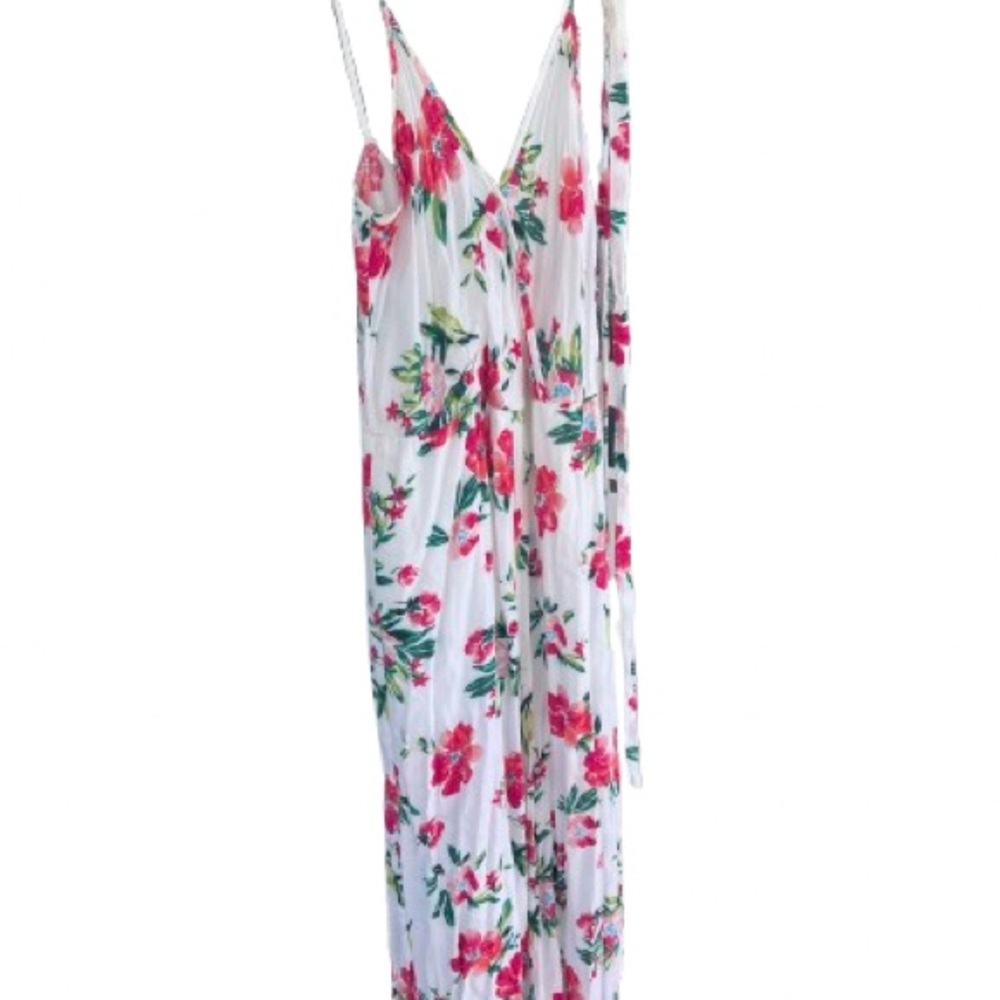 See You Monday White Floral Maxi Jumpsuit with Pink & Green Print